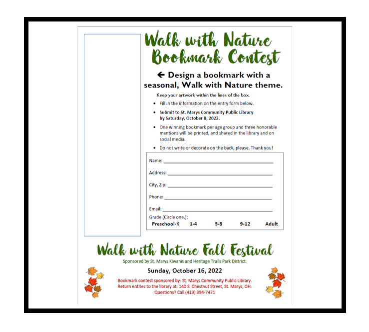 walk with nature fall festival bookmark contest entry October 8 post